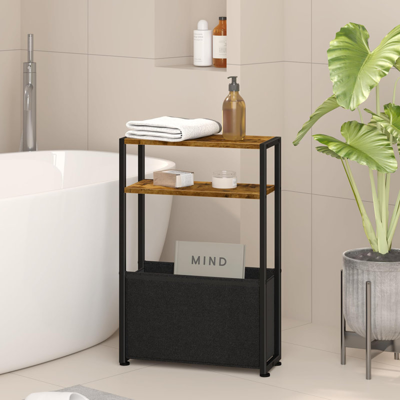 Small Narrow Side Table with Storage Pouch Thin Side Table for Small Spaces Slim Bedside Table Vintage Brown 17 Stories